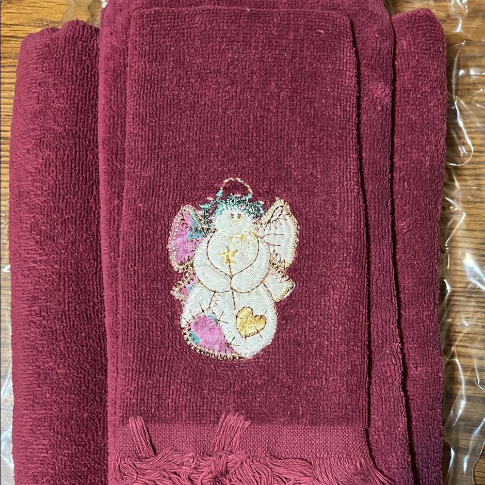 Embroidered angel Hand Towel in Deep Burgundy set